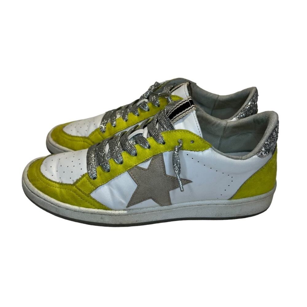SHU SHOP, Paz low-top sneakers White & Lime green w glitter star silver laces,10